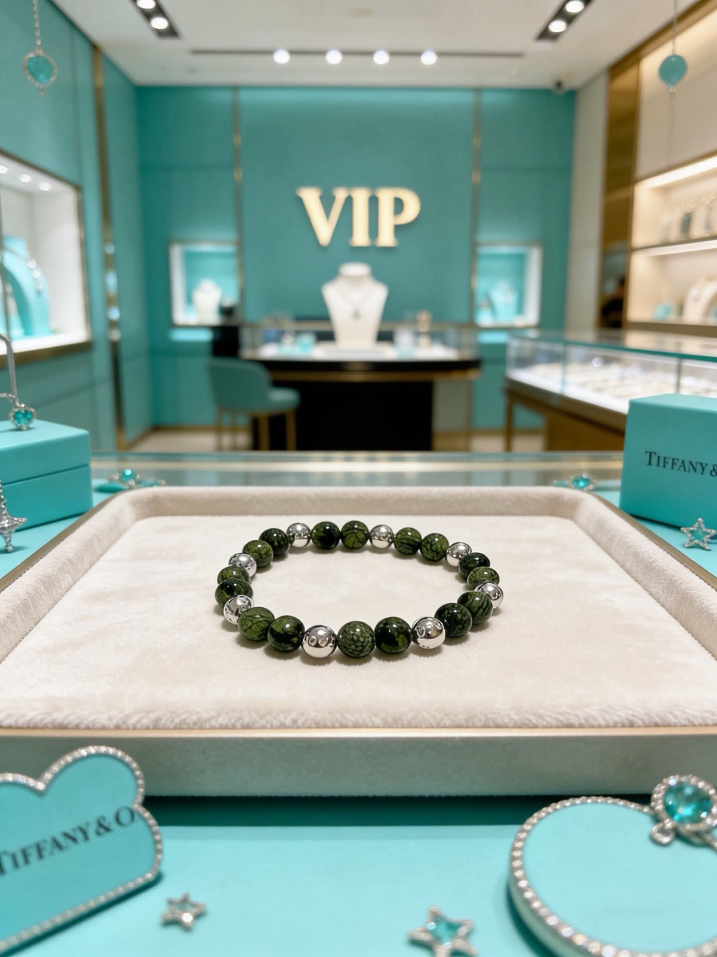 Tiffany & Co Green Stone Beaded Bracelet with Silver Accents